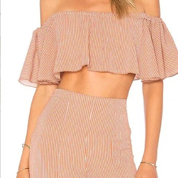 Revolve ELLEJAY Two Piece Matching Pant Set Tan/White Striped Crop Top & Pants 0 - Picture 6 of 15